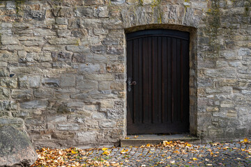 Antique wooden door with an arch in a stone wall.