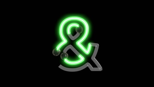 3D render animation of green neon symbol Ampersand