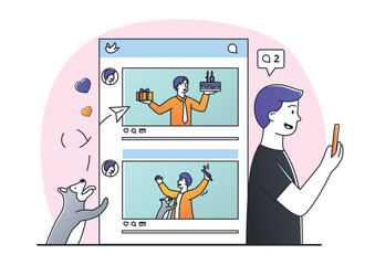 Man sending photo. Young guy looking at photos, poster or banner for website. Intersting content for social networks and instant messengers. Holiday and festival. Cartoon flat vector illustration