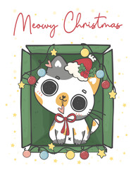 Cute Christmas cat illustration, featuring an Adorable kawaii character with holiday decorations.  Perfect for festive designs and Xmas greeting cards