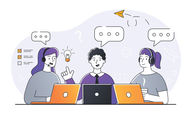 recommend clip art: Busines teamwork concept. Man and women sit at laptops and discuss idea, insight and brainstorming. Colleagues working on common project. Poster or banner for website. Cartoon flat vector illustration