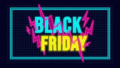 Black Friday Lightning Bolt Concept. Vector graphic styles with neon thin lines