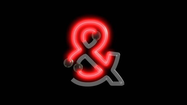 3D render animation of red neon symbol Ampersand