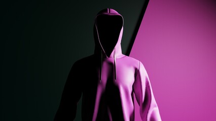 Anonymous hacker with pink color hoodie in shadow under deep black-pink background. Dangerous criminal concept image. 3D CG. 3D illustration. 3D high quality rendering.