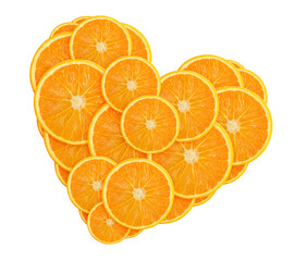 Lots of orange slices arranged in heart shape on transparent background. Decorative element for juice, refreshing sweet drinks packaging layout design. Detox and diet organic food. Mindful eating.