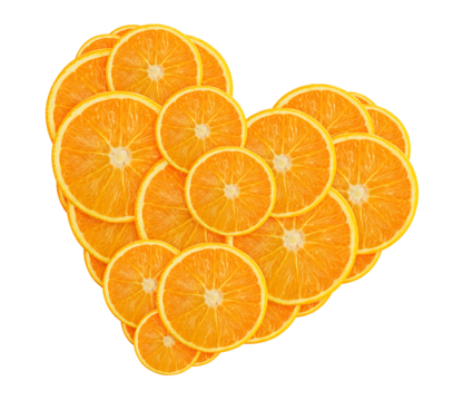 Lots of orange slices arranged in heart shape on transparent background. Decorative element for juice, refreshing sweet drinks packaging layout design. Detox and diet organic food. Mindful eating.