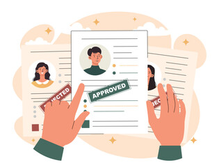 Employment recruitment concept. Character examines resume of candidates for vacancy. Poster or banner for website. HR manager selected newcomer for interview. Cartoon flat vector illustration