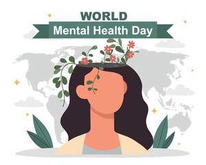 Mental health day. Silhouette of head with growing flowers. Psychology and awareness. Positivity and optimism, selfacceptance. International holiday, poster or banner. Cartoon flat vector illustration