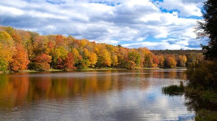 Fototapeta na wymiar Calm lake surrounded by forest with Autumn leaf color, reflections of the trees in the water, blue sky with clouds, New York State, USA