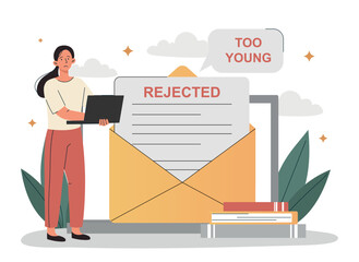 Recruitment ageism concept. Sad young girl stands with laptop in her hands and opens rejection letter. Lack of experience and discrimination. Problems with employment. Cartoon flat vector illustration