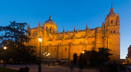 Fototapeta na wymiar Illuminated north facade of impressive gothic building of New Cathedral of Salamanca with tall bell tower and baroque dome as seen from Plaza de Anaya in spring twilight, Spain