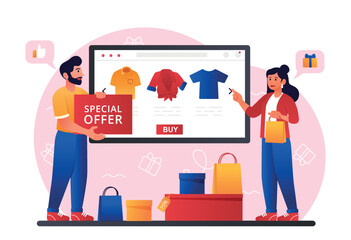 Mobile shopping concept. Man and girl choose clothes, special offer for regular clients. Quality service, home delivery and cashless payment. Transfer and transaction. Cartoon flat vector illustration