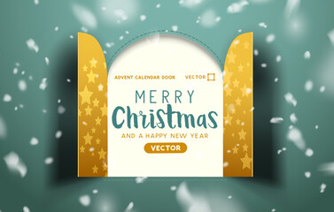 Festive Christmas advent calendar door opening to reveal a message. Vector illustration. - obrazy, fototapety, plakaty