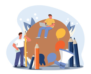 Concept of art. Group of people next to pencils and paints. Creative personalities, artists and designers. Poster or banner for website. Creator of visual culture. Cartoon flat vector illustration