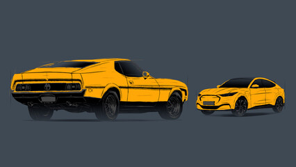 Yellow vintage and modern cars