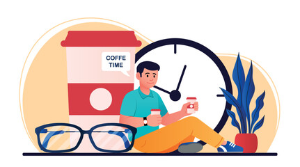 Business coffee concept. Man sits with two mugs of hot drink against background of clock. Lunch break at work. Advertising poster or banner for cafe or restaurant. Cartoon flat vector illustration