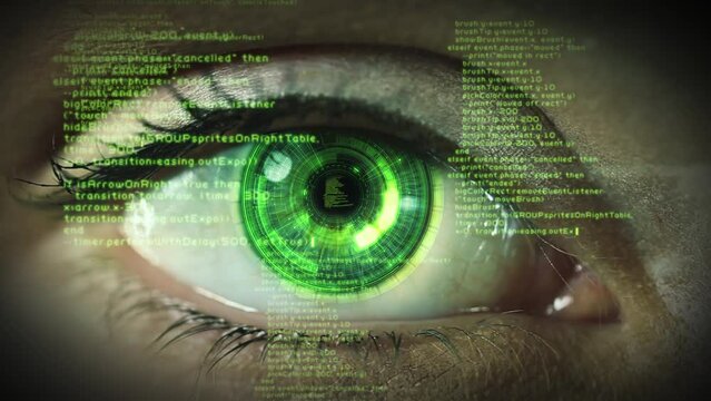 Futuristic Eye with Program Code And Hub. Macro Shot of Iris with Data Code Animation. Representing Concepts as Virtual Reality, Face Recognition, Augmented Reality, Surveillance System, Human Cyborg 