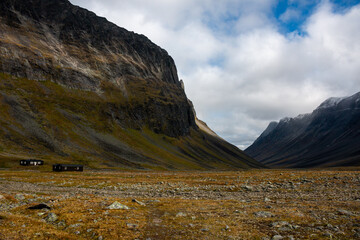 Nallo mountain hut in a mountain valley in early September, Lapland, Sweden, Scandinavia