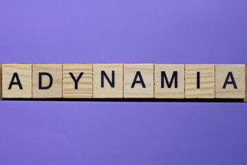 word adynamia made from wooden gray letters lies on a lilac background