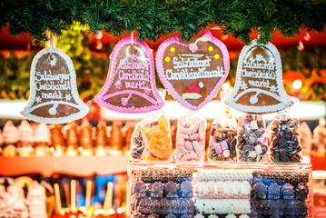 Fototapeta premium Salzburg, Austria - Winter gingerbread and sweets at Christkindlmarkt, Christmas Market