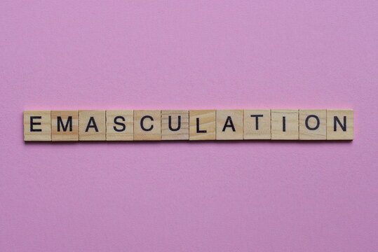 word emasculation from small gray wooden letters lies on a pink background