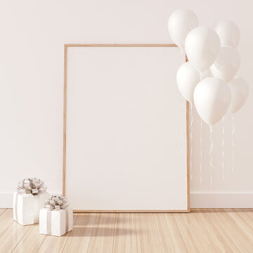 Mock up interior design with empty poster. Celebration and anniversary concept with gifts and balloons 3d render 3d illustration
