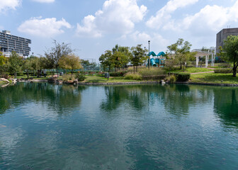Fototapeta na wymiar Lake with fish in the middle of a park in Puebla. Trees, grass and a blue sky. Cascatta Park