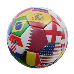 Obraz premium Isolated football with multiple flags of countries. 3D illustration on white background.