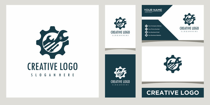 Service Tools with gear Logo design template with business card design
