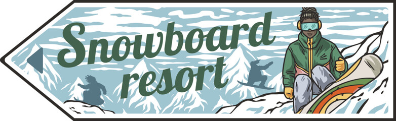 Snowboarders in the snow. Winter sports. Snowboarding and alpine skiing in a horizontal poster