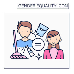 Householding color icon. Equal responsibilities between men and women in housekeeping activity. Stereotype. Gender equality concept. Isolated vector illustration 