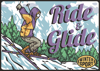 A skier descends a snowy mountain. A winter extreme sport. Poster about a ski holiday