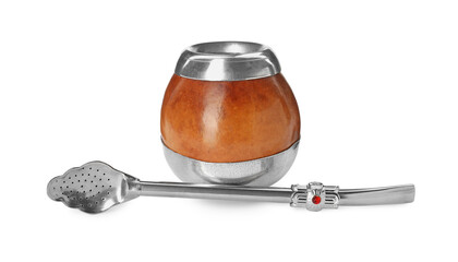 Calabash and bombilla with mate tea on white background