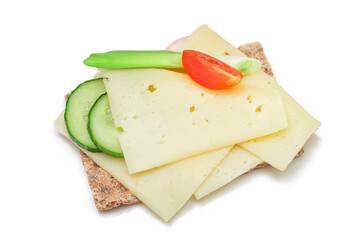 Whole Grain Crispbread with Cheese, Fresh Cucumber, Radish, Tomato and Green Onions - Isolated on White. Quick and Healthy Sandwiches. Crispbread with Tasty Filling. Healthy Dietary Snack - Isolation