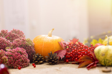 Orange pumpkin on a wooden table with flowers, leaves, red berries. Autumn background with copy...