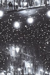 The city street is cold and empty. The only sound is the crunch of snow underfoot. A single light shines from a window in a tall building, casting a yellow glow on the pavement below.