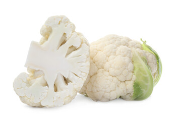 Cut and whole cauliflowers on white background