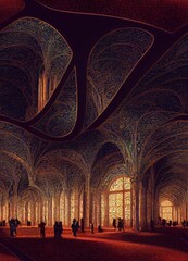 Hyper realistic illustration of a castle party with a wavy ornamental ceiling and people dancing