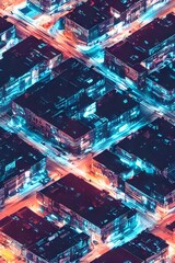 Fototapeta premium The snowflakes are falling gently down onto the city street below, coating it in a white blanket. The evening air is cold and crisp, but there's a feeling of warmth and coziness emanating from the lit