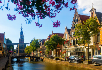 Naklejka premium View from the streets of Alkmaar and water canal. Netherlands