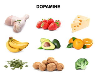Different foods rich in dopamine that can help you feel happiness. Different tasty products on white background