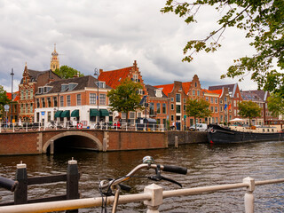 Picturesque summer landscape of the city streets of Haarlem and the Sparna River, the capital of the province of North .Holland, the Netherlands