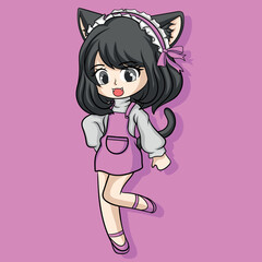 illustration art cute girl with cat ears character design