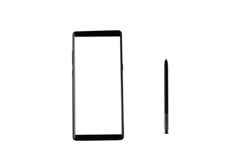 Pen and smartphone and black stylus for writing isolated on transparent background. 