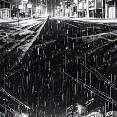 Fototapeta premium The city street is deserted except for a single car that drives by, its tires kicking up snow in the cold winter evening. The buildings are dark and looming, their windows reflecting the yellowish lig