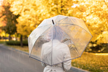 Young european female in raincoat with umbrella walks alone in rain in autumn in city park with yellow leaves