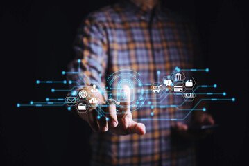 man finger scan to access financial datasecurity system on virtual screen , futuristic digital processing of biometric identification fingerprint scanner for access personal financial data