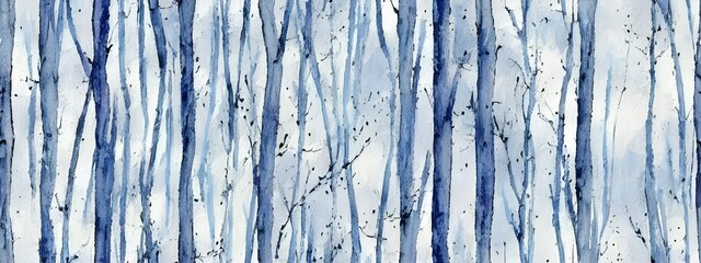 I see a tranquil winter forest scene painted in beautiful watercolors. The soft hues of blue and white create a peaceful feeling, while the bare trees add an element of serenity. I can almost feel the