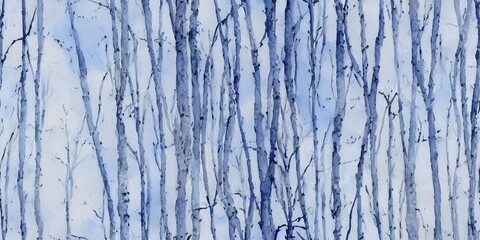 I see a tranquil watercolor painting of a snow-covered forest. The trees are heavy with frost, and the ground is blanketed in pristine white. A few delicate wispy clouds drift lazily in an azure sky