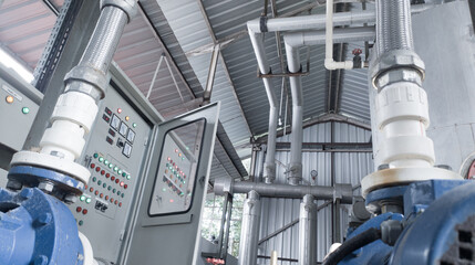 Industrial pipe line water chiller on the cooling factory.